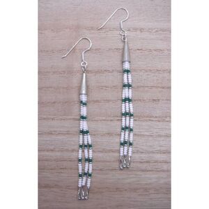 Earrings Beaded White, Green & Silver